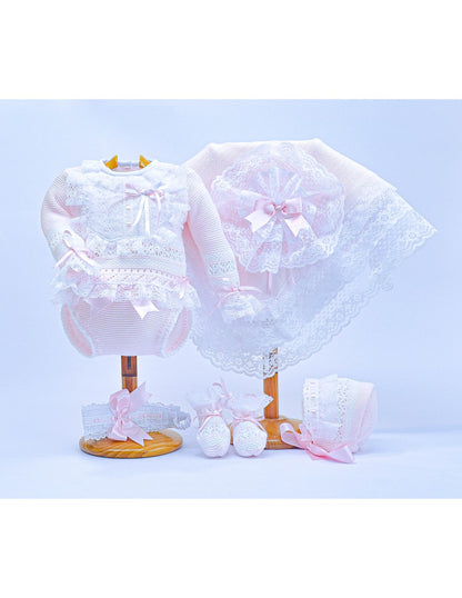 3006 Luxury knitted Pink Set, Bonnet & Shawl
