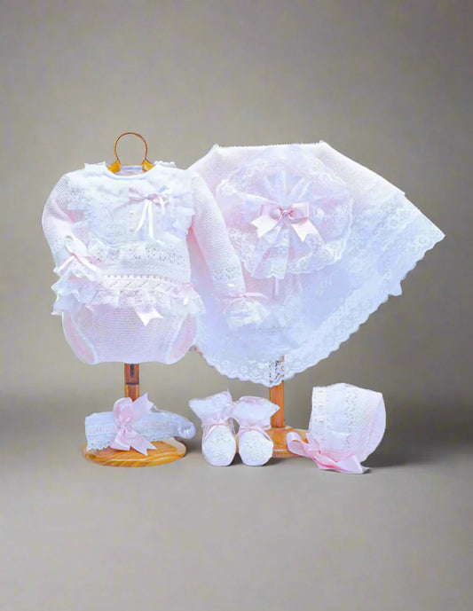 3006 Luxury knitted Pink Set, Bonnet & Shawl