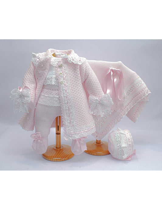 3017-a  Luxury  knitted Set, Bonnet, Coat & Shawl