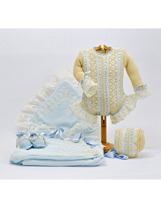 3031-PBS  Luxury  knitted Set, Bonnet, Coat & Pale Blue Sleeping Bag