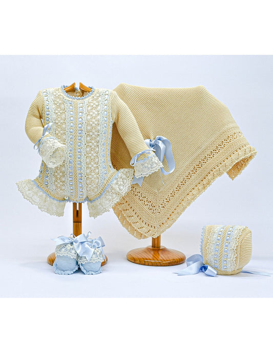 3031-BGE  Luxury  knitted Set, Bonnet, Coat & Beige Shawl