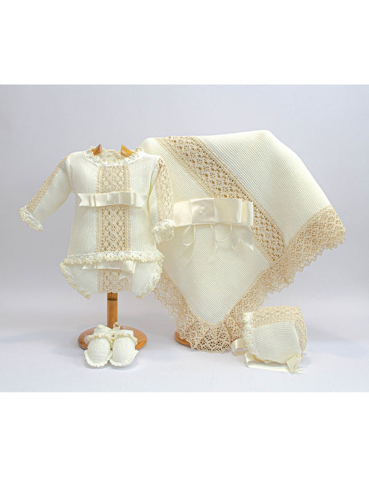 3001-a  Luxury  knitted Set, Bonnet, Booties & Shawl