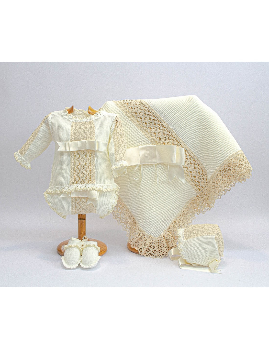 3001-a  Luxury  knitted Set, Bonnet, Booties & Shawl